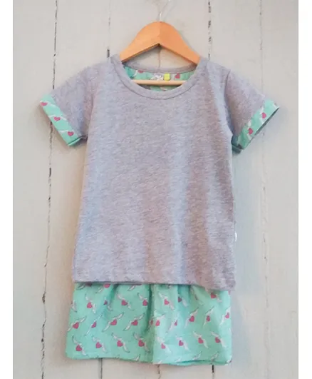 Frangipani Kids Heart Printed Short Sleeves Night Suit - Grey & Sea Green