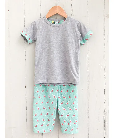 Frangipani Kids Hearts Printed Half Sleeves Night Suit - Grey & Sea Green