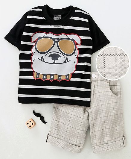 Rikidoos Half Sleeves Dog Print Tee With Checked Shorts - Black & Grey