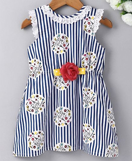 Enfance Core Sleeveless Striped Fit & Flare Schiffli Lace Work Dress - Blue