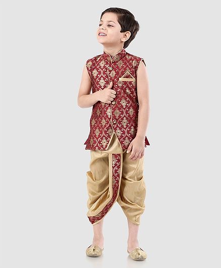 Babyhug Sleeveless Jacquard Kurta & Dhoti Set - Red