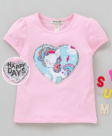 Memory Life Short Sleeves Tee Heart Shaped Sequin Flip - Light Pink