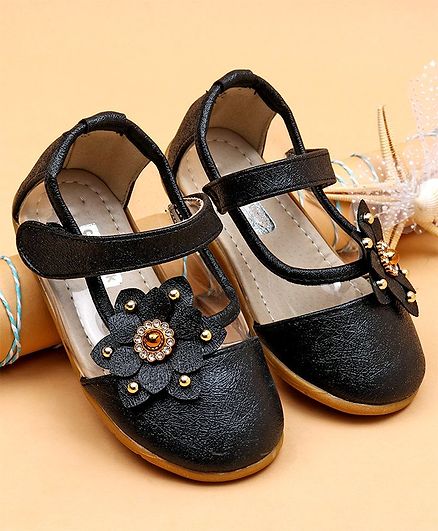 Cute Walk by Babyhug Party Wear Belly Shoes Studded Floral Appliques - Black