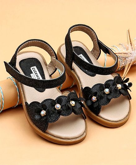 Cute Walk by Babyhug Party Sandals Studded Floral Motif - Black