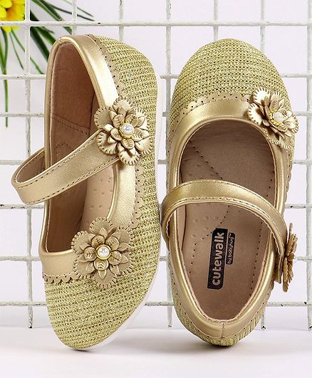 Cute Walk by Babyhug Party Wear Belly Shoes Floral Appliques - Golden