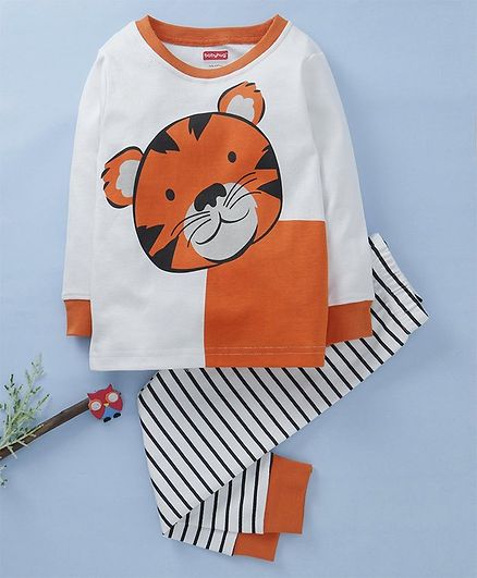 Babyhug Full Sleeves Cotton Night Suit Tiger Print - White