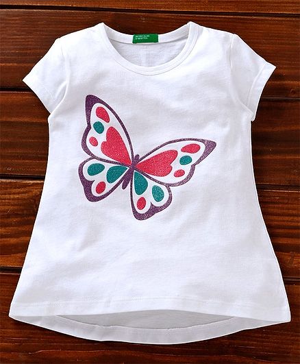 UCB Short Sleeves Top Glitter Butterfly Print - White Pink