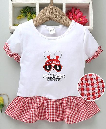 Meng Wa Half Sleeves Frock Checks Pattern - White Red