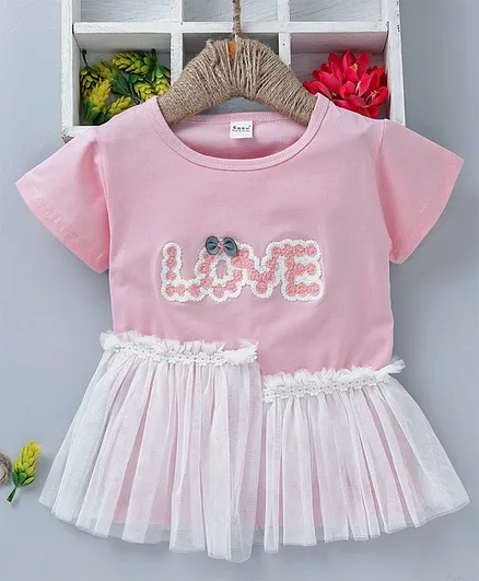 Meng Wa Half Sleeves Frock Net Overlay & Love Patch - Pink