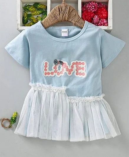 Meng Wa Half Sleeves Frock Net Overlay & Love Patch - Blue