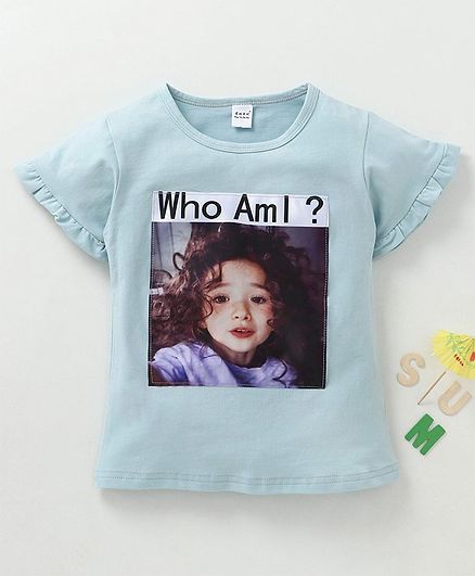 Meng Wa Half Sleeves Top Who Am I Print - Teal Blue