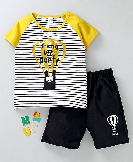 Meng Wa Half Raglan Sleeves Striped Tee Parachute Print - Yellow Black
