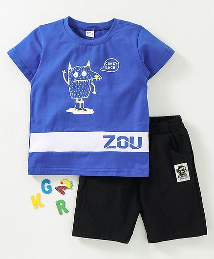 Meng Wa Half Sleeves Tee With Shorts Animal Print - Blue