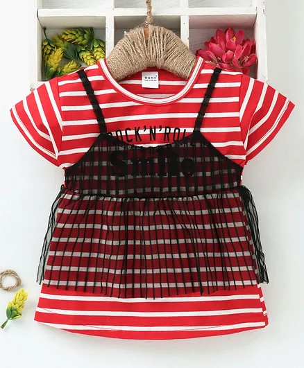 Meng Wa Half Sleeves Striped Top With Net Overlay - Red