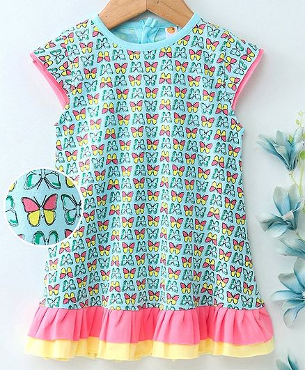 Dew Drops Cap Sleeves Frock Butterfly Print - Sea Green