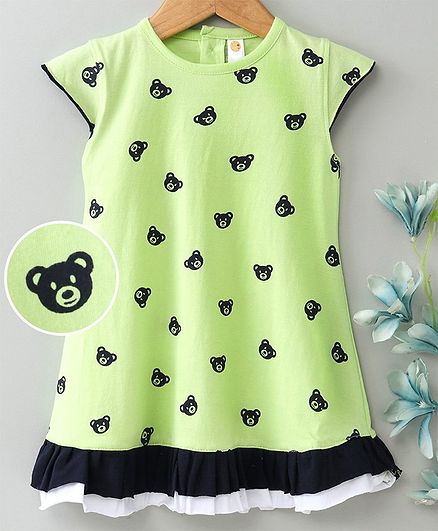 Dew Drops Cap Sleeves Frock Bear Print - Green