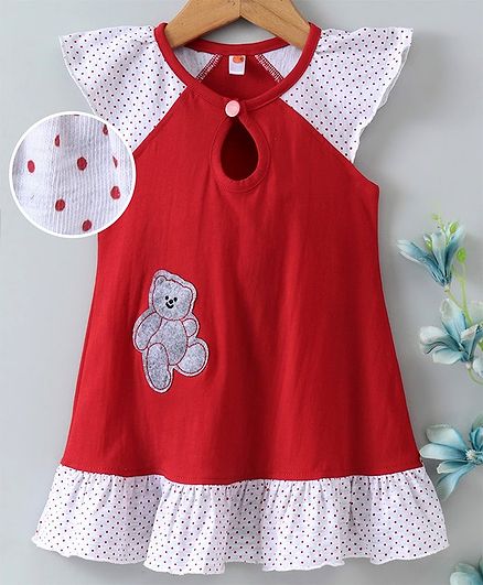 Dew Drops Cap Sleeves Frock Bear Patch - Red