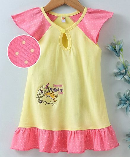 Dew Drops Cap Sleeves Frock Bunny & Butterfly Embroidery - Yellow Pink