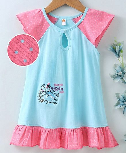 Dew Drops Cap Sleeves Frock Bunny & Butterfly Embroidery - Aqua Blue Pink