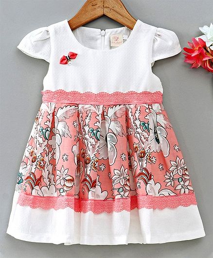 Smile Rabbit Cap Sleeves Frock Floral Print - White & Peach