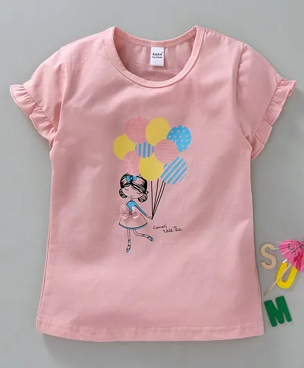 Meng Wa Half Sleeves Tee Balloon Print - Peach