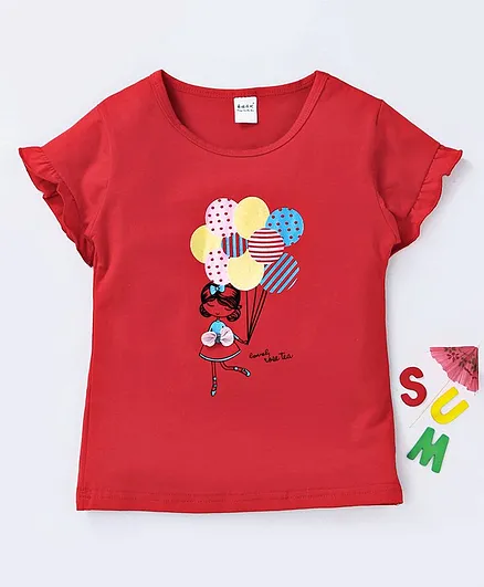 Meng Wa Half Sleeves Tee Balloon Print - Red