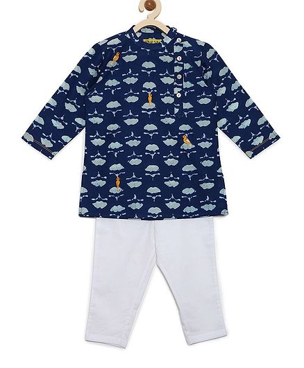 Tiber Taber Full Sleeves Flower Print Kurta & Pajama Set - Blue & White