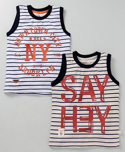 Olio Kids Sleeveless Striped Tee Text Print Pack of 2 - Multicolour