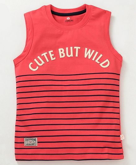 Olio Kids Sleeveless Striped T-Shirt Text Print - Coral