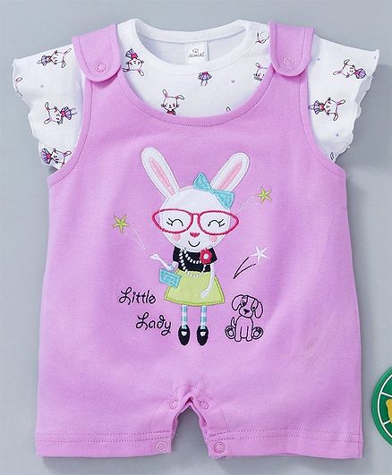 Olio Kids Romper With Inner Short Sleeves Tee Bunny Print & Patch - Lavender