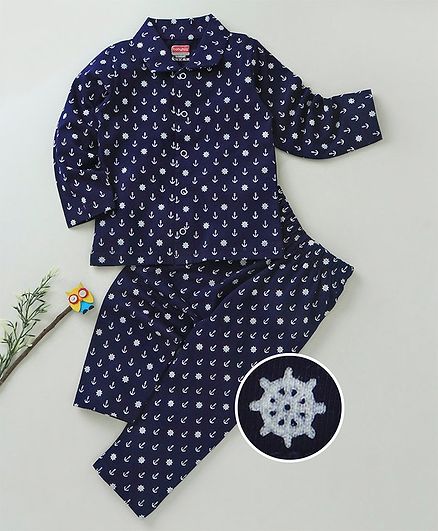 Babyhug Full Sleeves Cotton Night Suit Anchor Print - Navy Blue