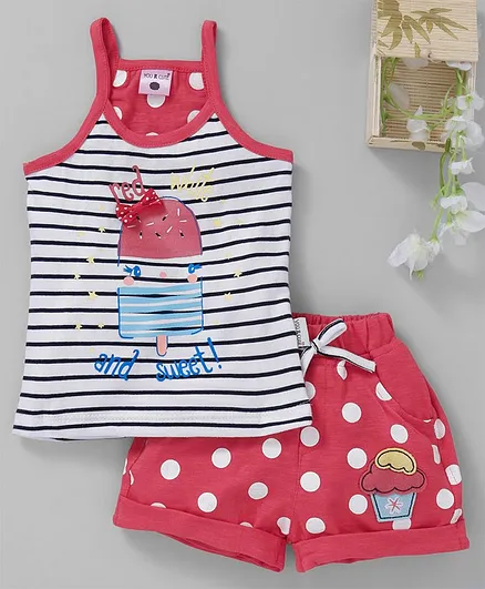 U R CUTE Striped Sleeveless Top With Shorts - Red
