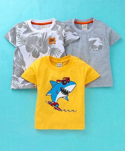 Little Kangaroos Half Sleeves Tee Floral Print Pack of 3 - Grey & Yellow