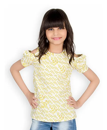 Olele Leaves Printed Cold Shoulder Half Sleeves Top - Yellow