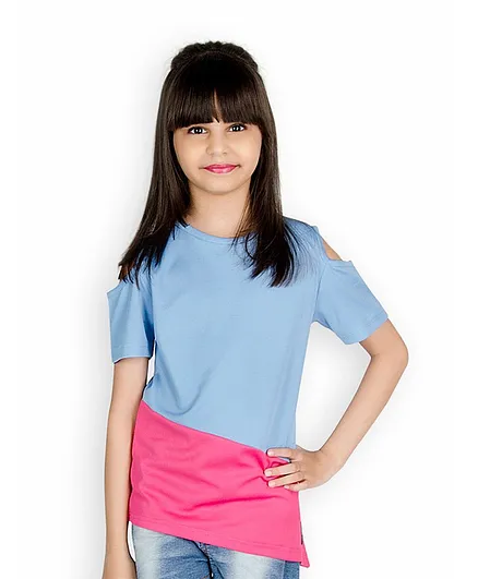 Olele Color Block Cold Shoulder Half Sleeves T-Shirt - Blue