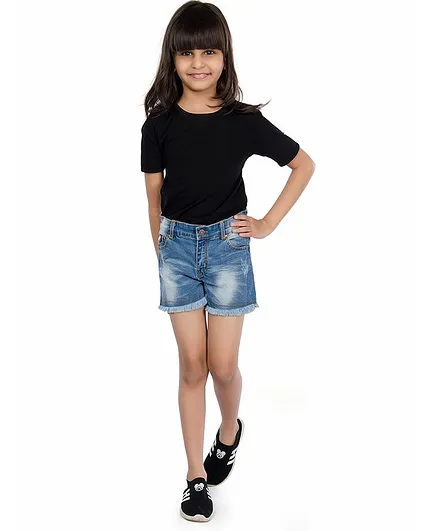 Olele Half Sleeves Solid Tee With Raw Edge Shorts - Black & Blue