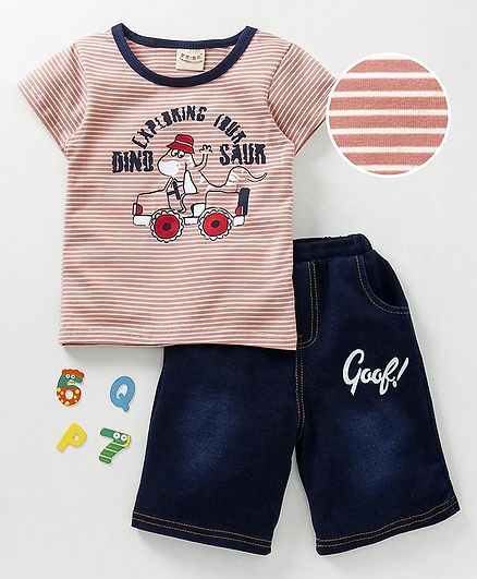 Kookie Kids Striped Half Sleeves Tee With Shorts Dino Print - Peach & Navy Blue