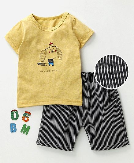 Kookie Kids Half Sleeves Tee & Striped Shorts - Yellow Grey