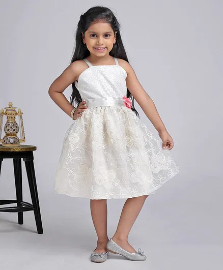 Babyhug Singlet Frock Floral Embroidered - Ivory