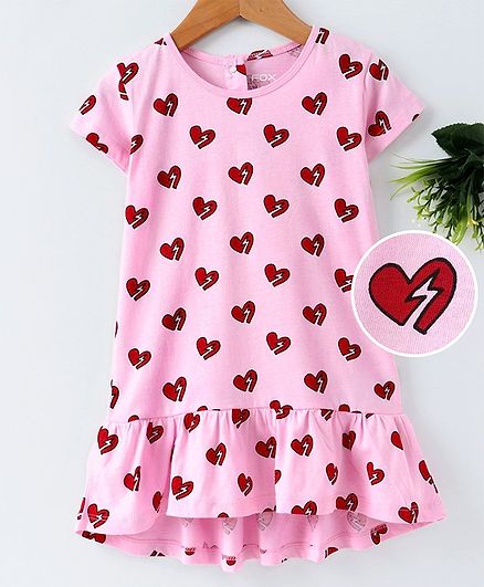 Fox Baby Short Sleeves Frock Heart Print - Light Pink
