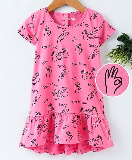Fox Baby Short Sleeves Frock Heart Print - Pink