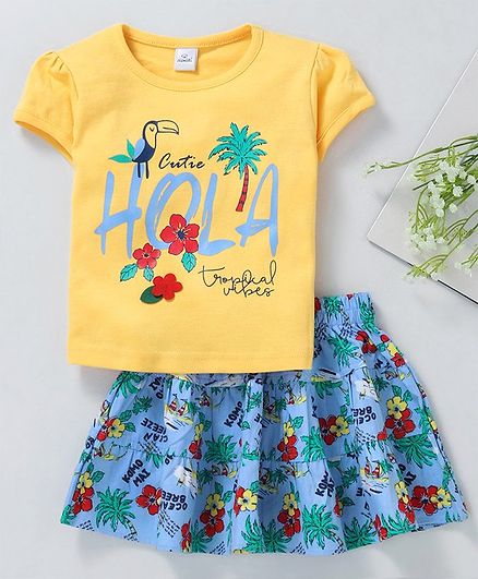 Olio Kids Half Sleeves Tee & Skirt Hola Print - Yellow Blue