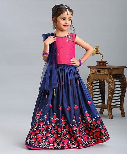 Babyhug Lehanga With Choli & Dupatta Floral Embroidered - Pink & Blue