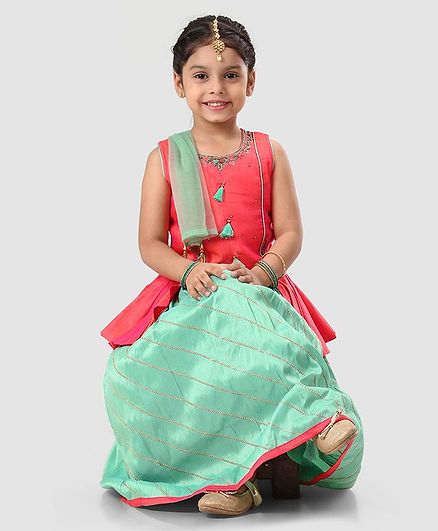 Babyhug Sleeveless Embroidered Choli & Lehenga with Dupatta - Green Orange