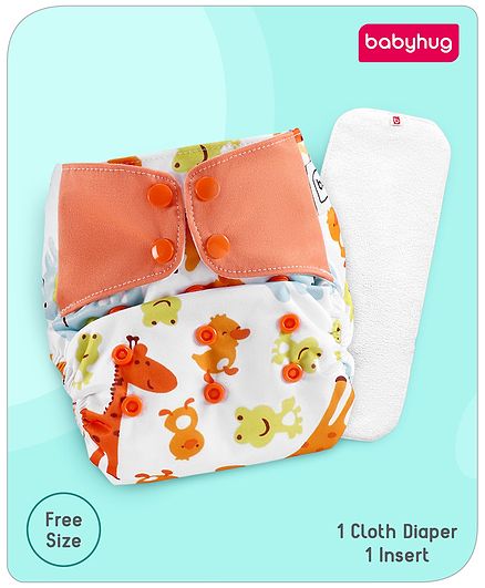 Babyhug Free Size Reusable Cloth Diaper With Insert Animal Print - White Yellow