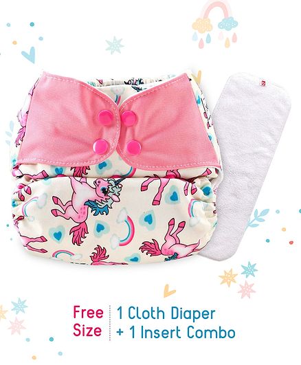 Babyhug Free Size Reusable Cloth Diaper With Insert Unicorn Print - Pink
