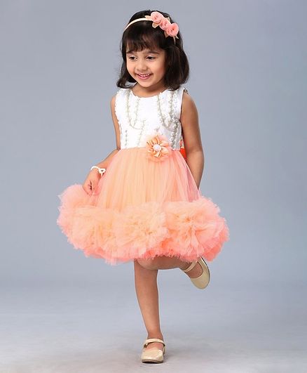 Babyhug Party Wear Sleeveless Net Flare Frock Flower Applique - White Peach