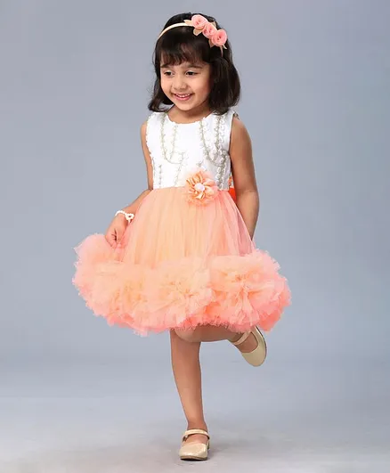 Babyhug Party Wear Sleeveless Net Flare Frock Flower Applique - White Peach