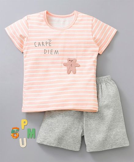 Kookie Kids Striped Half Sleeves Night Suit Text Print - Peach