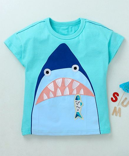Kookie Kids Half Sleeves Tee Shark Patch - Teal Blue